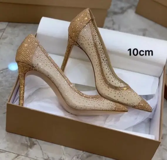 

Moraima Snc Pointed Toe High Heel Shoes Sexy Crystal Embellished Party Wedding Heels Thin Heels Mesh Grid Woman Shoes