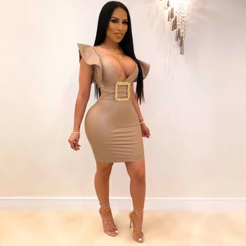 

Black Color Ladies Rayon HL Bandage Dress Ruffles Sleeveless Sexy V-Neck Bodycon Mini Dress Nightclub Bar SInger Dress