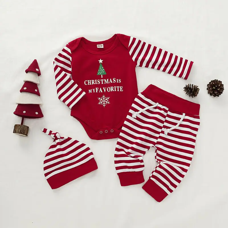Брендовый Рождественский комбинезон с длинными рукавами для новорожденных девочек, штаны в полоску, комплект одежды для малышей