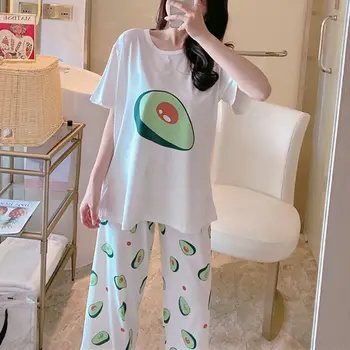 

O Summer Pajamas Women Summer Short-sleeved Trousers Loose Cartoon Casual Home Service Suit Two-piece