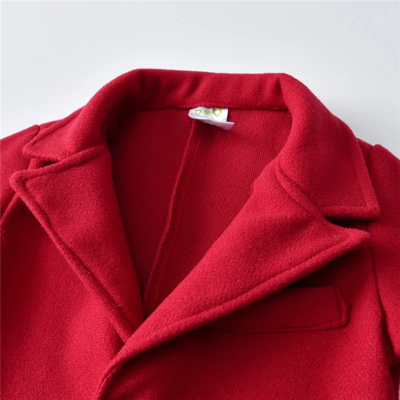 Baby Boy Gentleman Fall Winter Warm Woolen Coat Outfit V Neck Solid Red Color Long Sleeve Button Top Jacket Outwear with Pocket