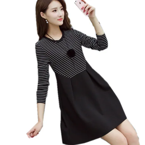 

Spring New Style Korean-style Large Size Fashion WOMEN'S Dress Black And White Stripes Mid-length Slimming A- line Skirt One Pie