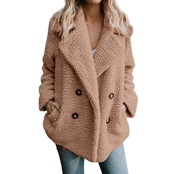 

Autumn and winter fashion new women's jacket button lapels pocket plush solid color temperament cotton jacket lady coat