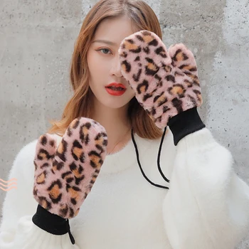

Winter Leopard Lanyard Gloves Warm Stretch Knit Fashion Popular Thickening Full Finger Gloves Wholesale