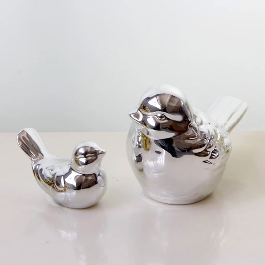 Small Silver Ceramic Chubby Bird Figure Ornaments Animal Model Gift for Home Garden Statue Decorative Crafts