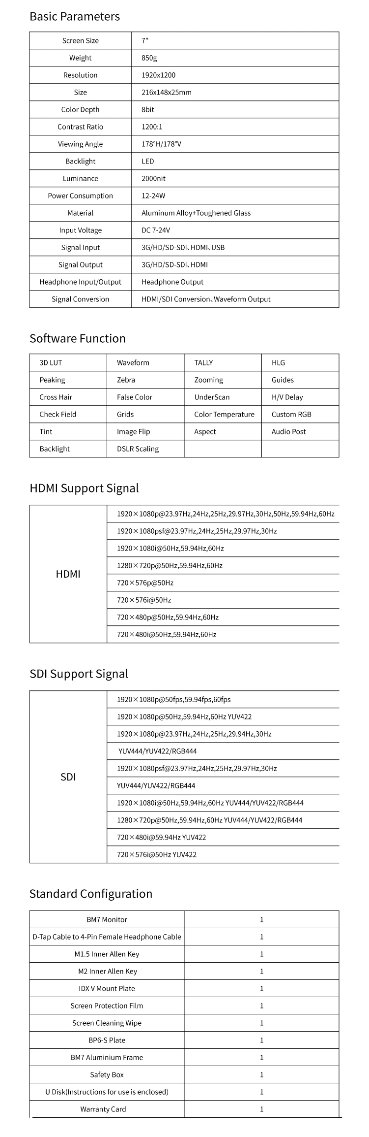 Портключи BM7 7 дюймов супер яркий 2000nit HDMI/3G-SDI Full HD Камера поле для контроля уровня сахара в крови с 3D LUT и HDR, видеомонитор