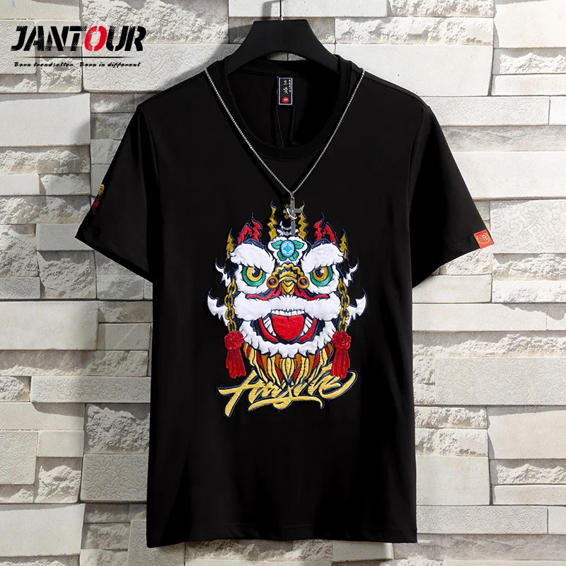 

Для размера плюс китайский искусный Лев хлопковая Футболка с вышивкой; Футболки черного цвета; Большой размер; Новинка; Мужские Белые куртки-пуховики на футболки для девочек