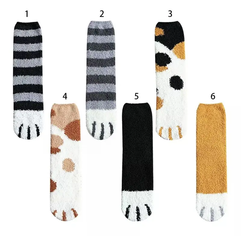 Женские зимние пушистые теплые носки-тапочки; женские повседневные милые разноцветные плюшевые чулочно-носочные изделия с принтом в виде кошачьих лап; 6 стилей