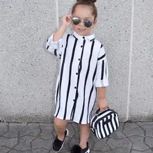 Модное детское платье в черно-белую полоску для девочек осеннее платье-рубашка с длинными рукавами и пуговицами, одежда
