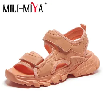 

MILI-MIYA New Fashion Casual Women Cow Leather Sandals Breathable Solid Color Flat Heels Round Toe Summer Leisure Shoes