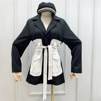 

2020 Spring New Black and White Mixed Colors Workwear Large Pocket Tops Women Casual Bandage Belt Suit Jacket Loose Blazer Coat