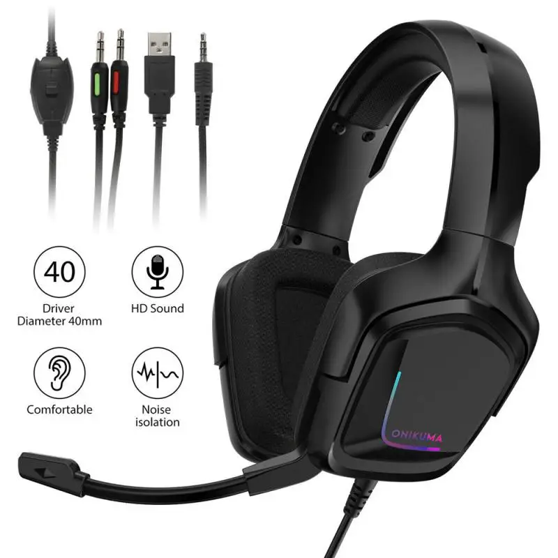 K20 Head mounted RGB Gaming Headset RGB Surround Sound Mic USB Headphones 3 5mm Earphones For Xbox PS4 PC Laptop Cell Phone