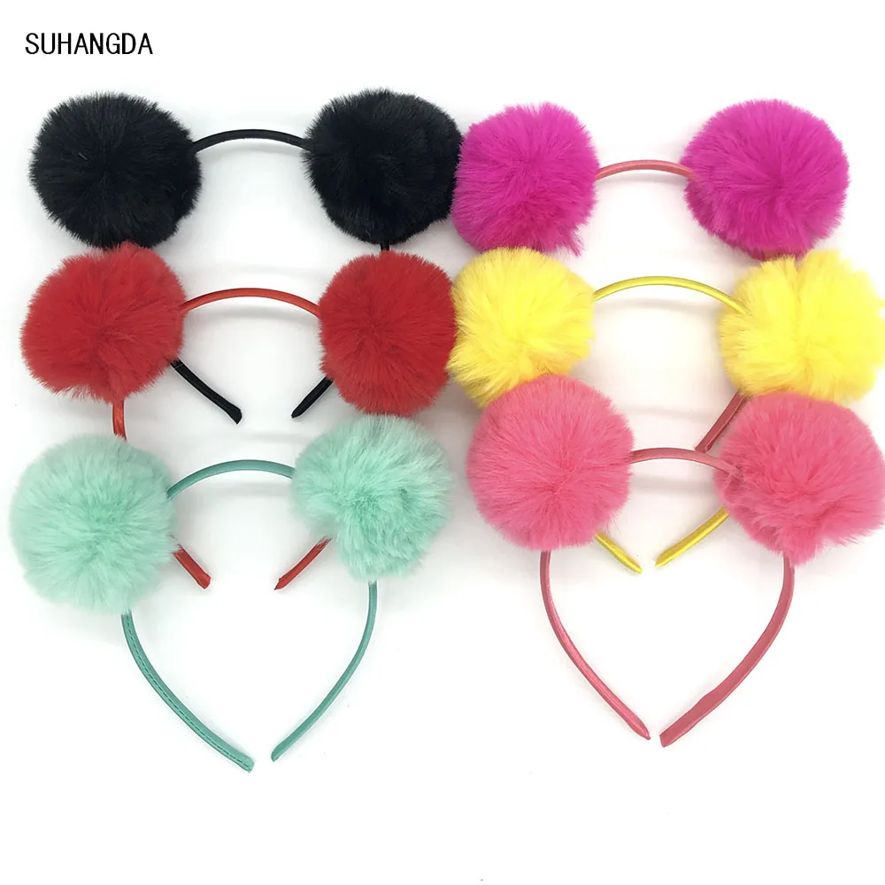 

Cute Solid color Panda Ears Hair Hoop Dual Big Bright Colorful Fluffy Pompom Ball Girls Headband Hair Band Hair Band Cat Ears