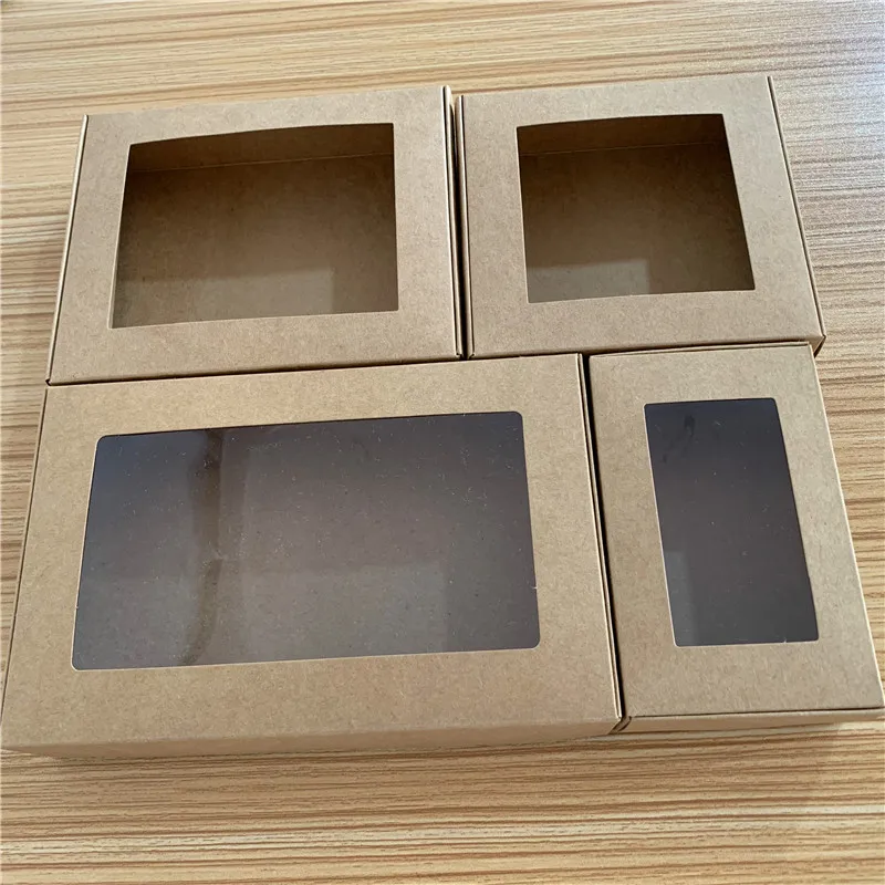 24pcs Multi size Paper Soap Box Kraft paper gift box package with clear pvc window candy favors arts&krafts display Kraft box