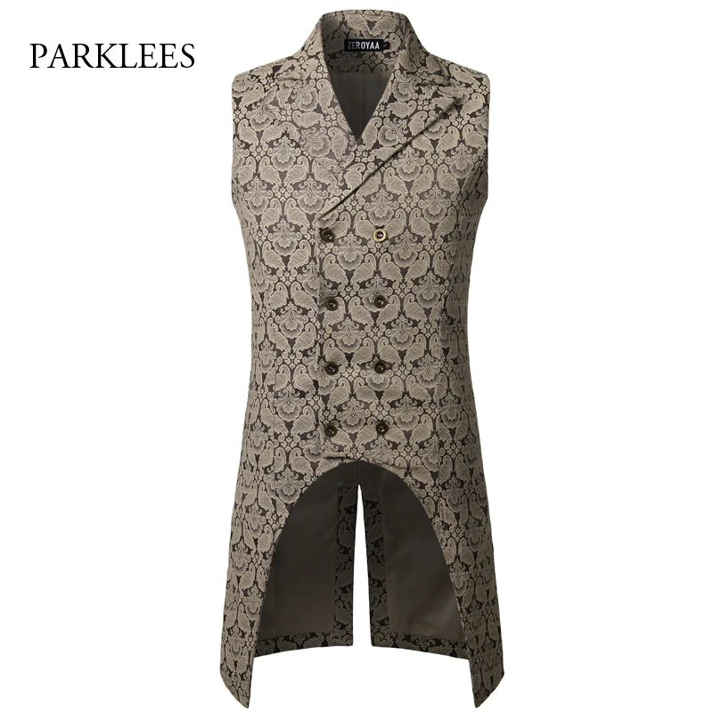 Mens Black Gothic Steampunk Vest 2022 Brand New Medieval Jacquard Double Breasted Vest Waistcoat Men Stage Cosplay Prom Costume
