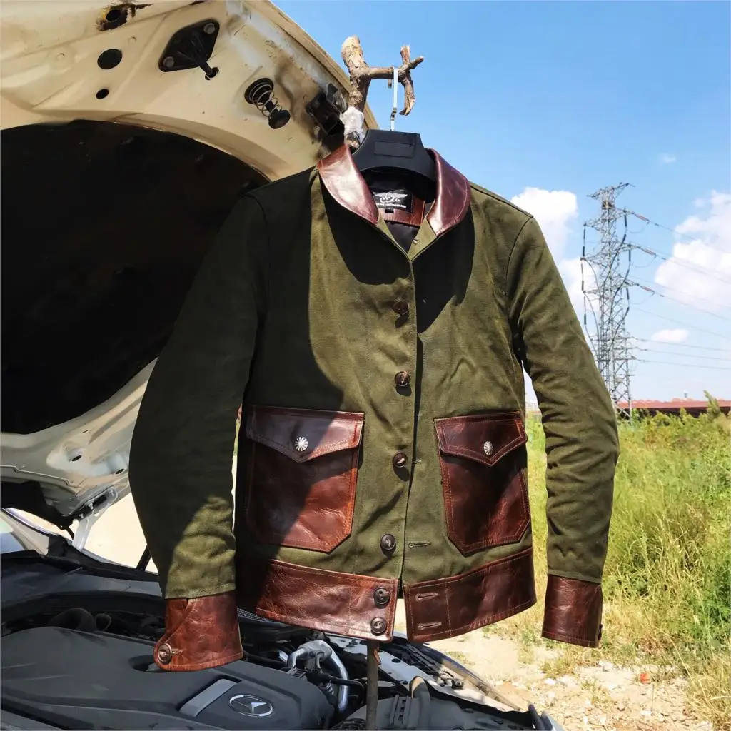 

Shawl Wax Lapel Canvas Oil Wax Cowhide Vintage Motorcycle Jacket MEN'S Outerwear
