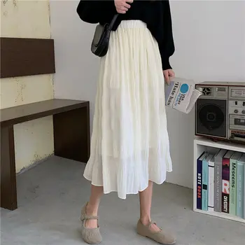 

2020 Elegance Pleated Retro High Waist Solid Elastic-Waist A-Line High Street Office Lady All-Match Women Skirts
