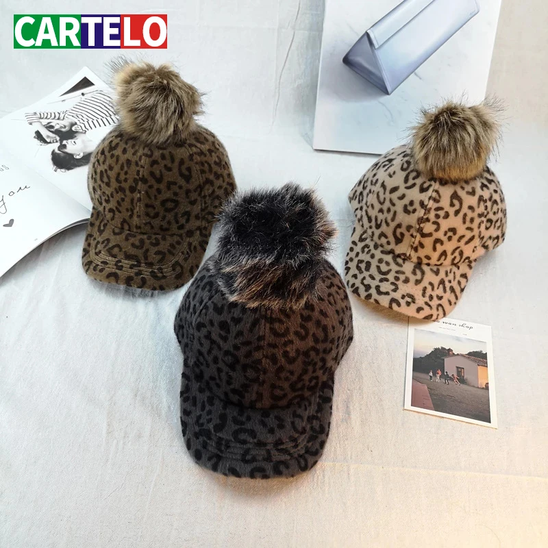 

Winter baby cap fashion leopard print baseball cap mother and daughter Outdoor thickened warm cap big fur ball hat woman