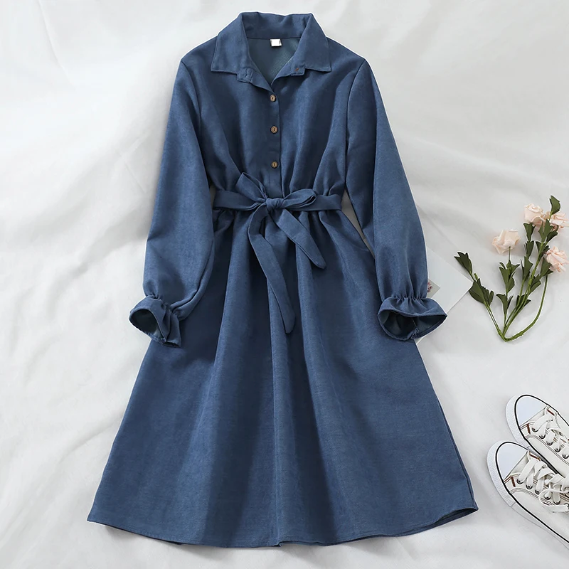 navy blue SINGRAIN женское длинное вельветовое платье осеннее расклешенное платье с рукавами и отложным воротником однотонное винтажное корейское платье зимняя романтическая Блузка Платье - Цвет: navy blue
