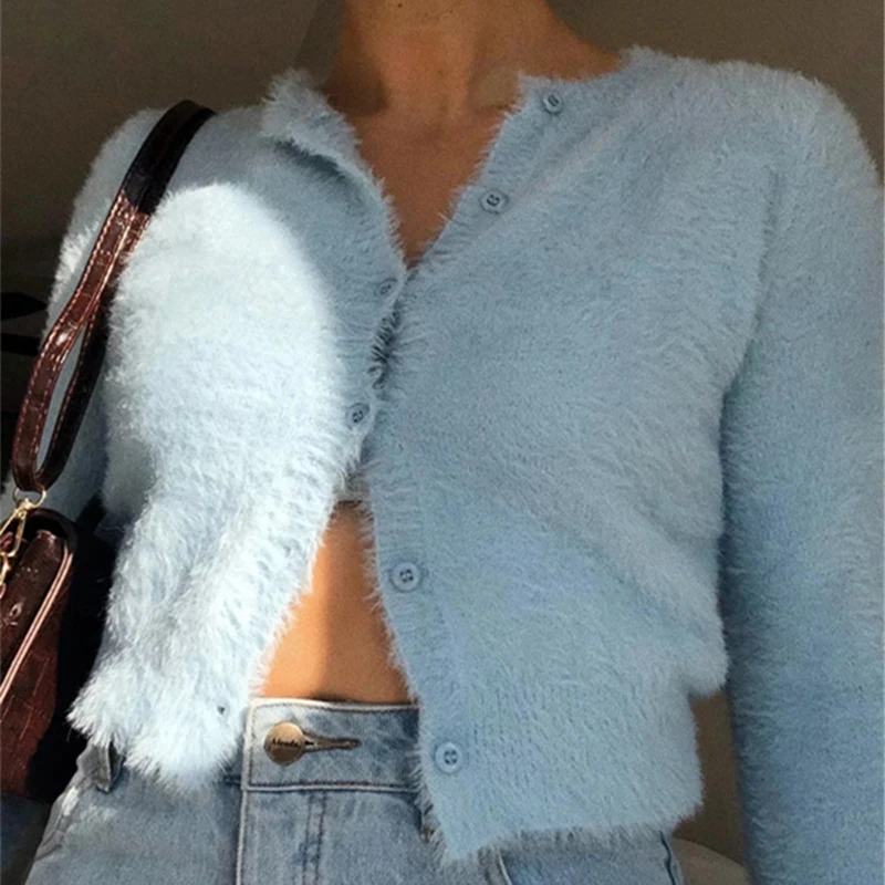 

Chic Women Sweater Casual France Mohair Blue pull femme Cardigan Center Buttons Sweaters buttons Knitted Tops