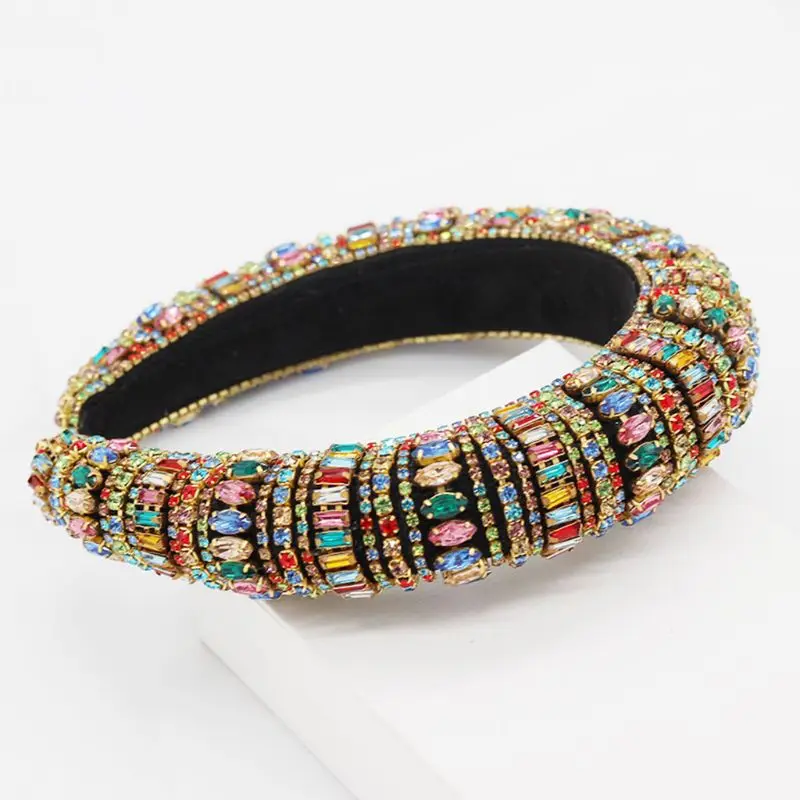 Женская богемная широкая повязка на голову, полная красочная, искусственный кристалл, стразы, обруч для волос, ручная работа, толстая губка, проложенная, ювелирное изделие, Корона