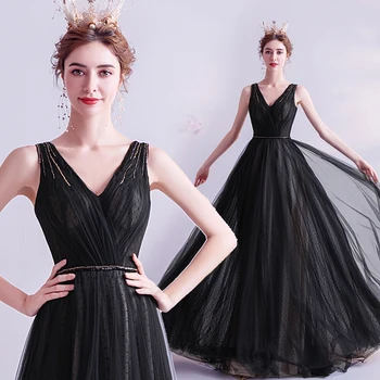 

Black Evening Dress A-line V-neck Tulle Lace with Belt Elegant 2020 New Design Party Dresses Evening Gowns JA27