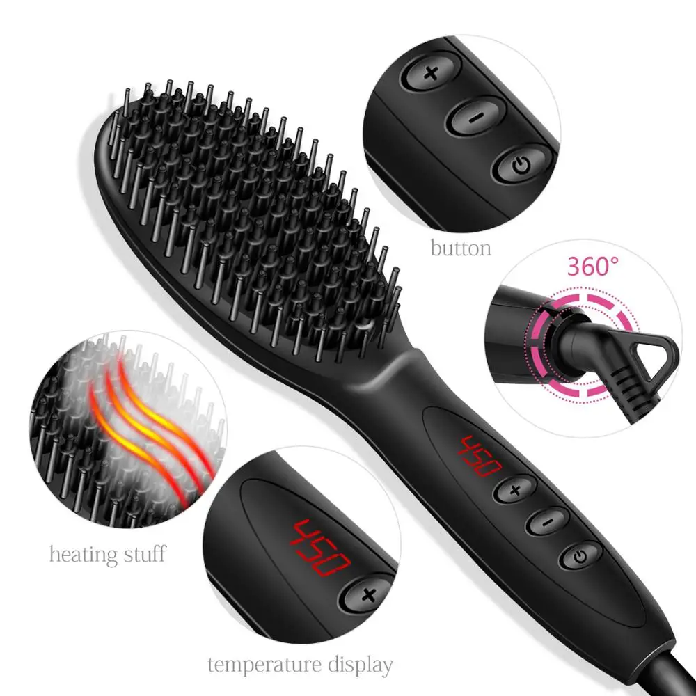 

Electric Ionic Hair Straightener Comb, Hair Straightening Iron Brush Anti-scald & Anti-static Temperature Display , Dual-Voltage