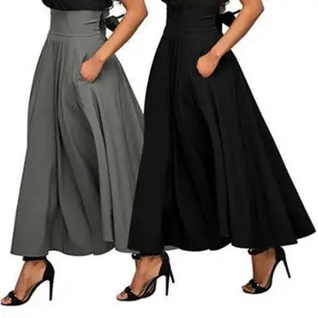 

Sexy Women Solid Color High Waist Tight Pockets Back Bandage Large Swing Skirt