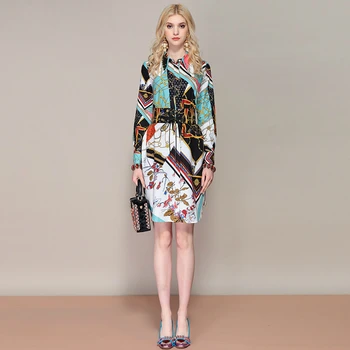 

Autumn Fashion Runway Vintage Dress Women's Long Sleeve Multicolor Scarf Printed Loose Belted Shirt Dress 2019