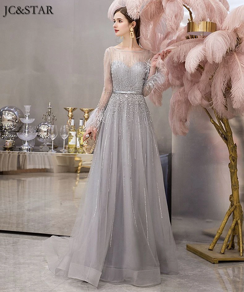 new tulle crystal feather long sleeve A Line silver grey Champagne gold bridesmaid dresses vestidos de fiesta de noche