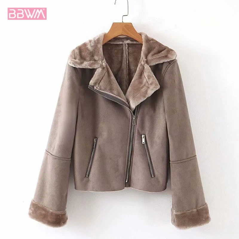 

Buckskin Lapel Long Sleeve Zipper PU Women's Jacket 2019 Winter Solid Color Lapel Warm Locomotive Female Coat Pocket Harajuku