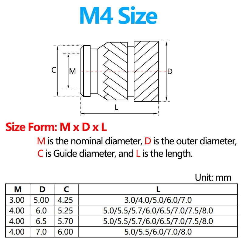 50PCS Thread Brass Knurled Inserts Nut Heat Set Insert Nuts Embed Parts Female Pressed Fit into Holes for 3D Printing M3 M4