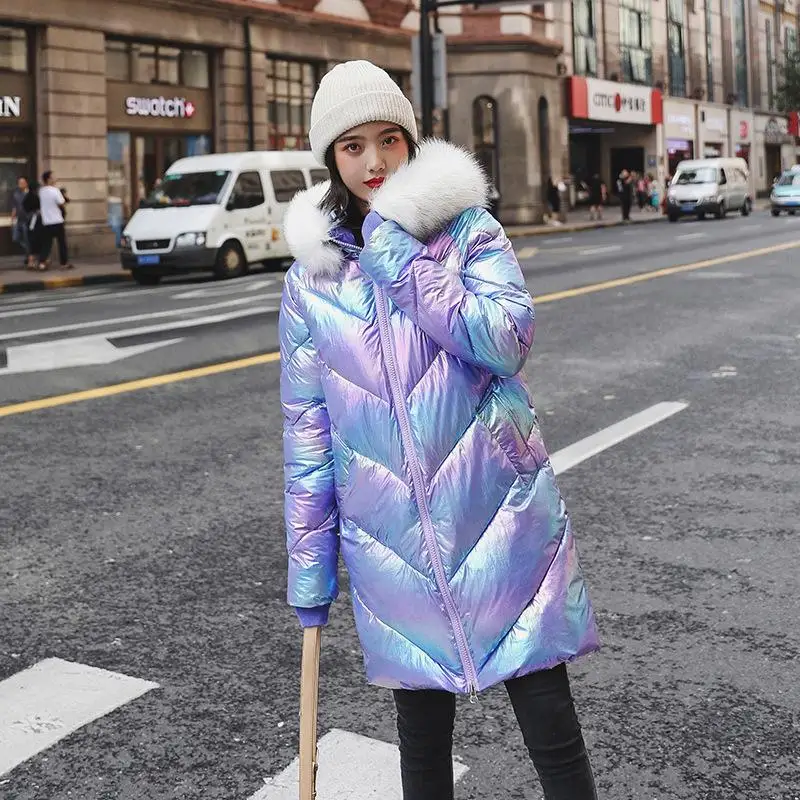 2019, модная женская зимняя куртка градиентного цвета, с хлопковой подкладкой, теплая, утолщенная, с меховым воротником, женские длинные