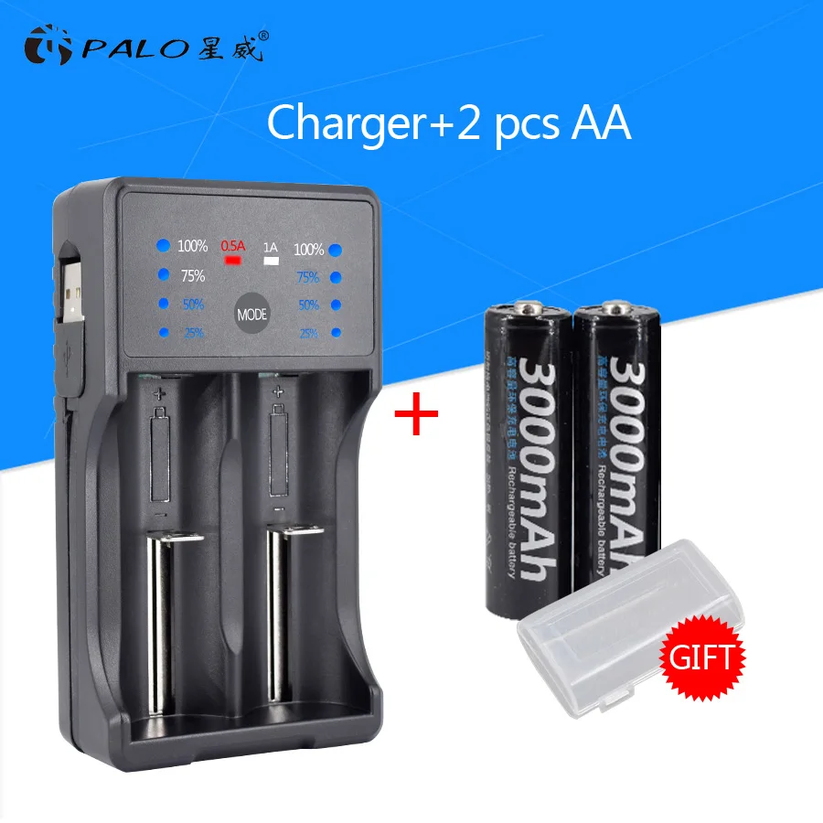 Умный светодиодный дисплей зарядное устройство USB зарядное устройство для Ni-MH Ni-CD AA AAA Li-ion 3,7 в 18650 аккумуляторная батарея+ 4 шт. AA батареи - Цвет: Charger 2pcs AA