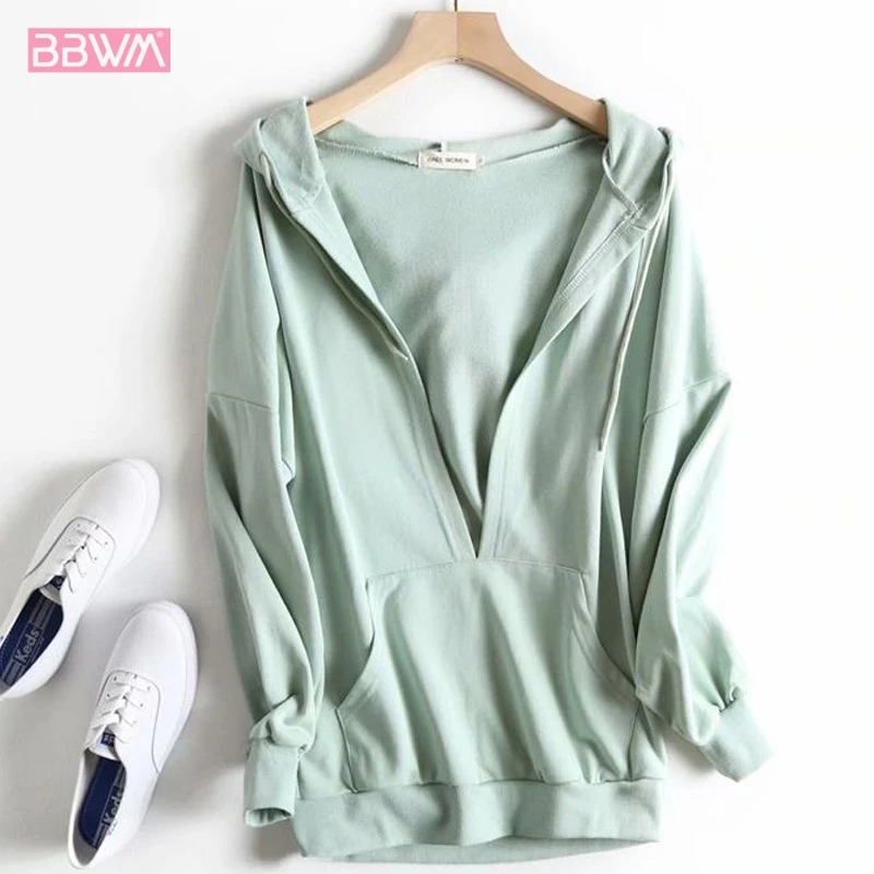 

Hooded V-neck Long Sleeve Pullover Casual Loose Women's Jacket 2019 Autumn Knitted Green Collar Hip-hop Chic Female Coat