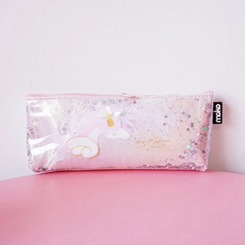 Unicorn Pencil Case Rainbow Feather Pencilcase For Girl Stationery School Cute Pen Box Student Supply Sequin Cosmetic Bag - Цвет: PK