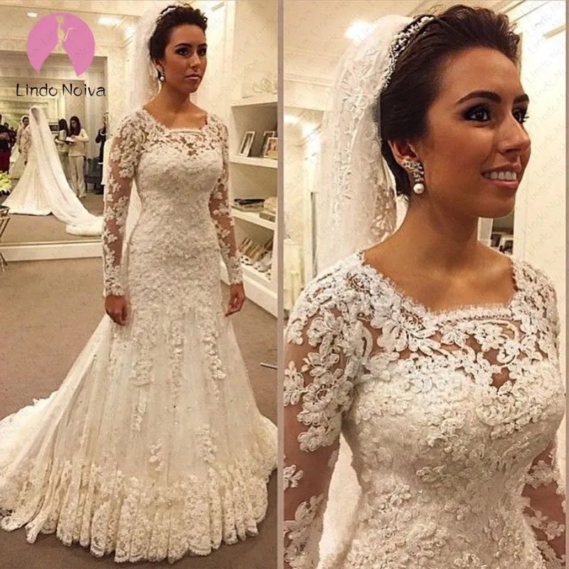 

Vestido De Noiva 2019 Elegant Long Sleeves Lace Mermaid Wedding Dress Custom Made Muslim Wedding Gowns Robe De Mariee