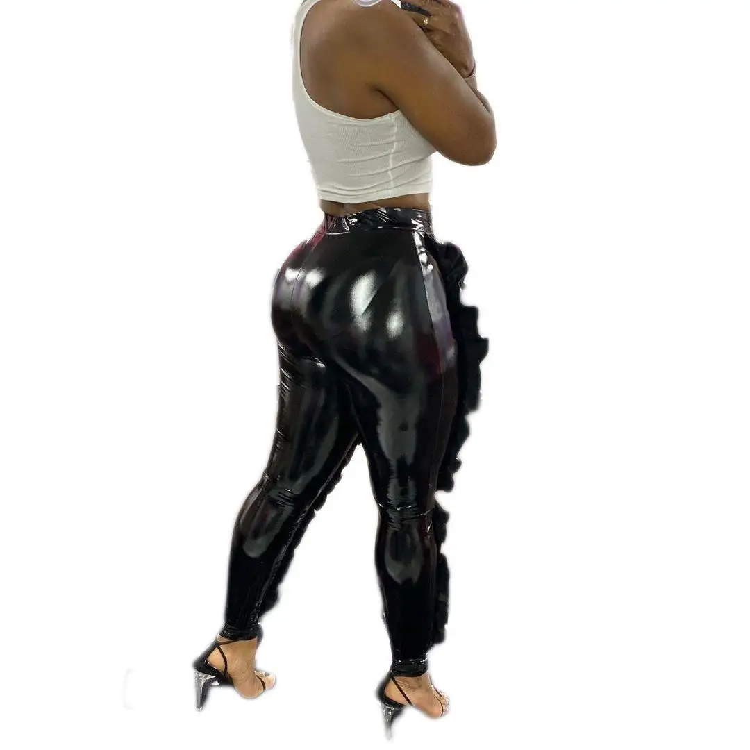 Пикантные черные сапоги узкие Pu кожаные штаны Для женщин однотонные Высокая талия оборками брюки-карандаши эластичные Блестящие Брюки