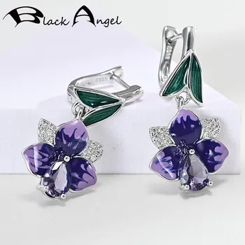 

BLACK ANGEL Purple Enamel Russia Flowers Clip Earrings 925 Silver Amethyst Gemstone Earrings 2020 New Fashion Jewelry Wholesale