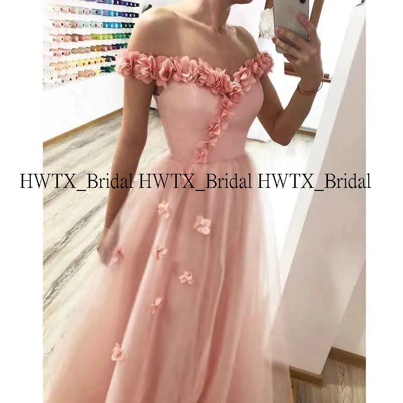 HWTX_Bridal, розовое вечернее платье с объемными цветами, ТРАПЕЦИЕВИДНОЕ ПЛАТЬЕ с открытыми плечами из тюля, длинное платье для выпускного вечера, женское вечернее платье