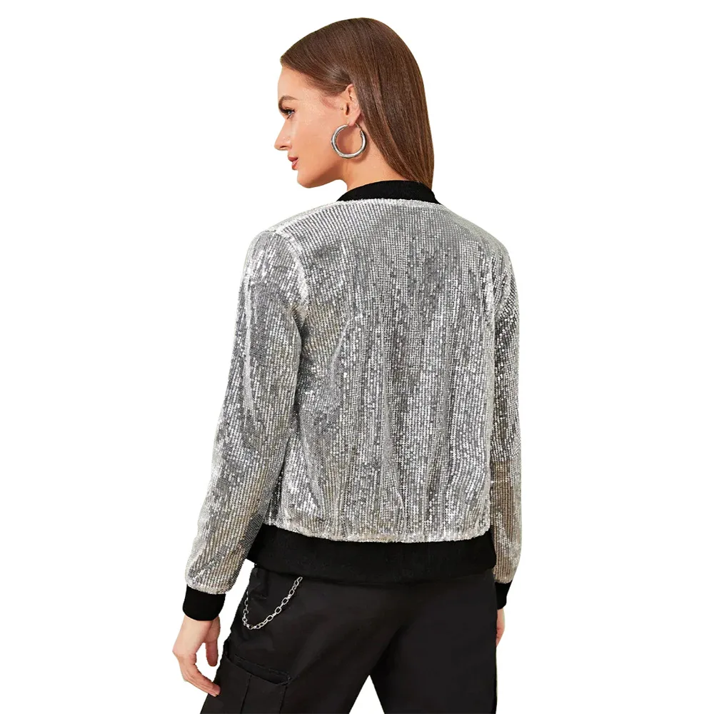 Echoine Women's casual silver sequin bomber jacket female sexy streetwear windbreaker ladies coats autumn winter outerwear