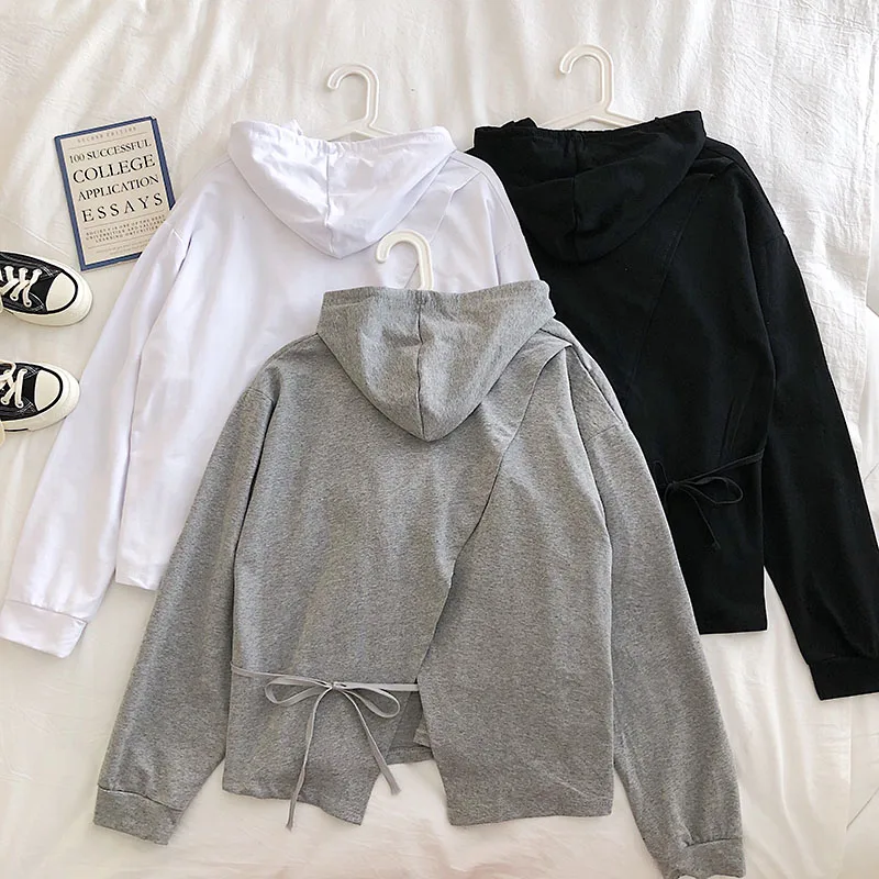 

2019 autumn new Korean version of the back slits tied bandwidth loose casual solid color hooded long-sleeved women