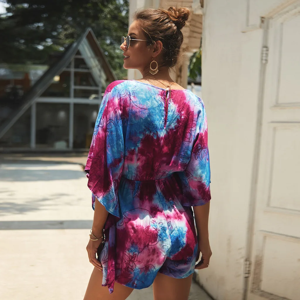 Женские модные комбинезоны Boho Dye Print комбинезон летние короткие комбинезоны для женщин комбинезон женский рукав летучая мышь пляжный комбинезон