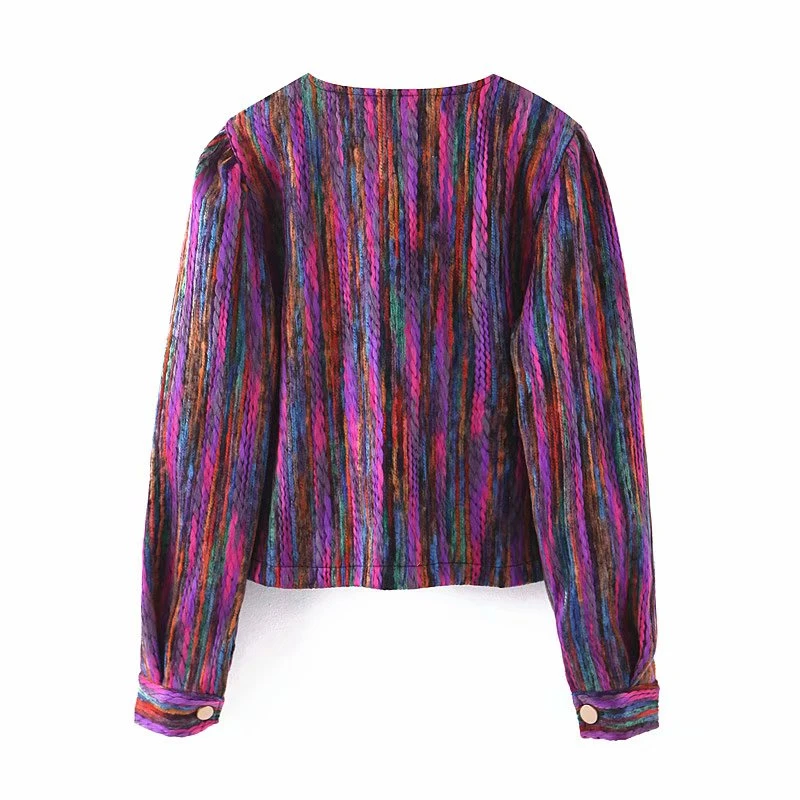 LUNDUNSHIJIA Retro Design Chromatic Rainbow Spell Color Women V-neck Jacket Coat Autumn Fashion Metal Button Outerwear