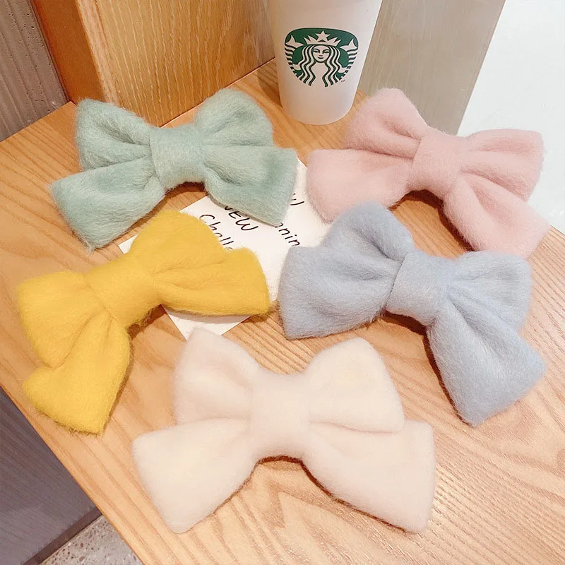 

2020 Women Girls Sweet Elegant Plush Big Bow Hairpins Cute Soild Color Hair Clip Hair Ornament Autumn Winter Hair Accessories