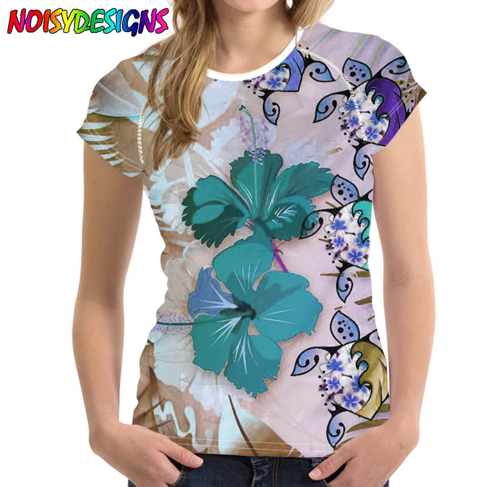

NOISYDESIGNS Polynesian Hawaii Plumeria Turtles with Hibiscus T Shirt Women Tops O-neck Tees Flower Summer Female Soft T Shirt