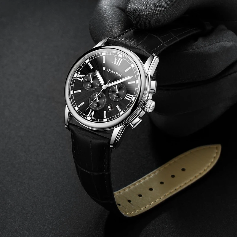 WAKNOER роскошные часы для мужчин Лидирующий бренд бизнес часы из нержавеющей стали Многофункциональные Авто Дата Водонепроницаемый светящийся хронограф Reloj