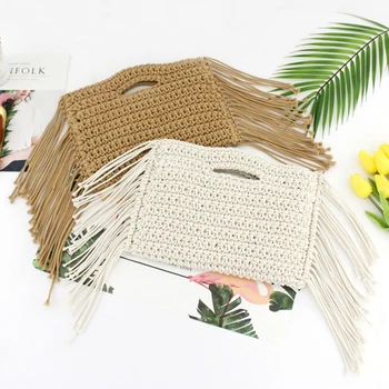 

Tassels Hand Held Handmade Cotton Rope Hollow Out Woven Fringe Bag Trend Women'S Woven Handbag Straw Bag For Ladies