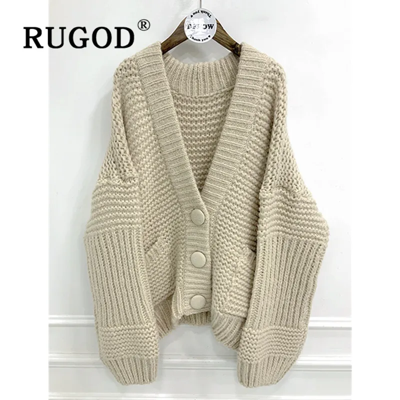 RUGOD, новинка, женский толстый вязаный свитер, корейский шик, Ins, популярное, ленивое, уютное пальто, v-образный вырез, длинные рукава-фонарики, негабаритный кардиган