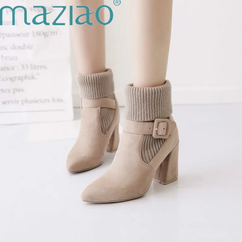 

Pointed Toe Flock Winter Women Shoes Size32-42 Thick Heel High Heels Buckle Slip-On Ankle Boots Zapatos Mujer Boots Socks Boots